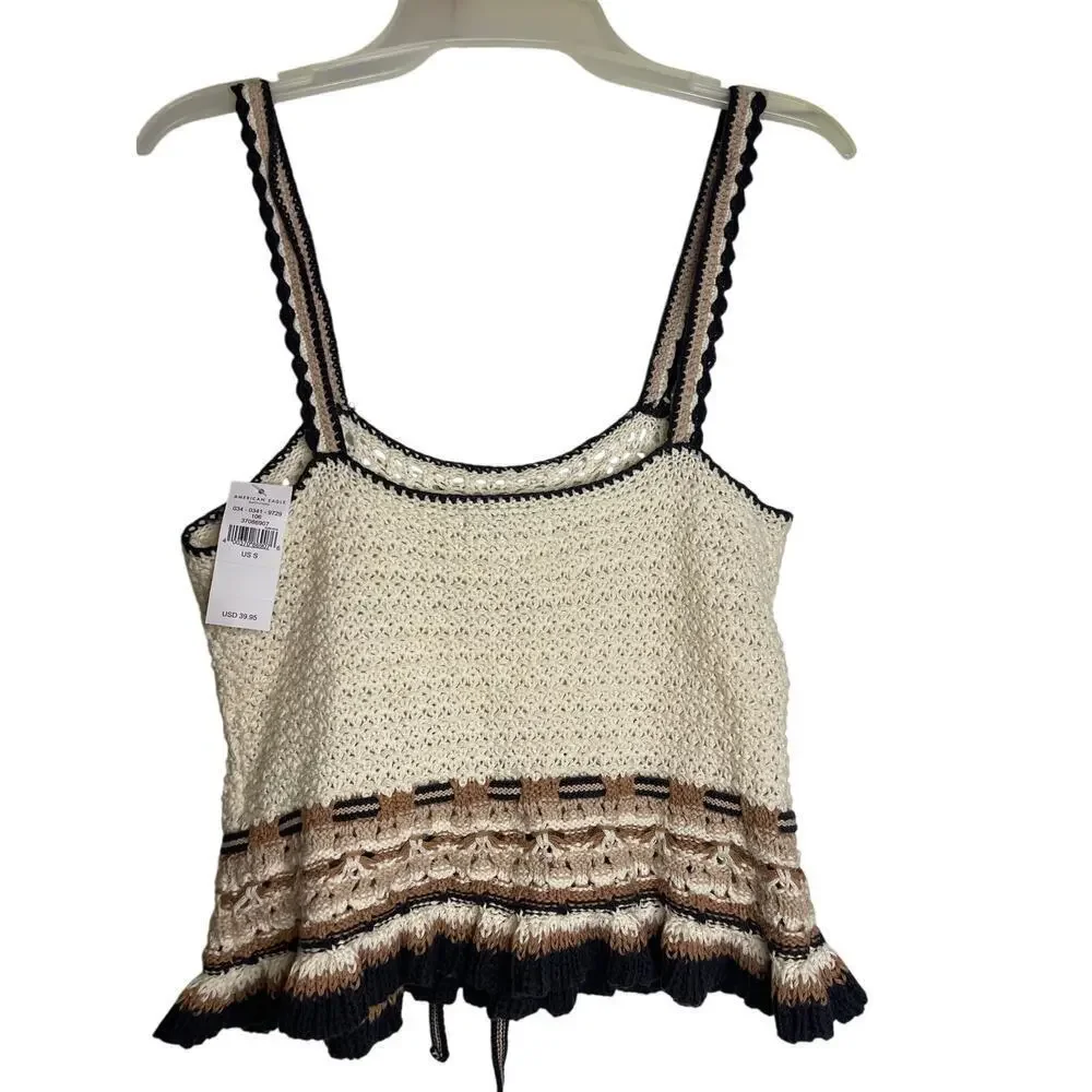 NWT American Eagle Cream Boho Knit Crochet Sleeveless Top Women's Size Small - Picture 4 of 6